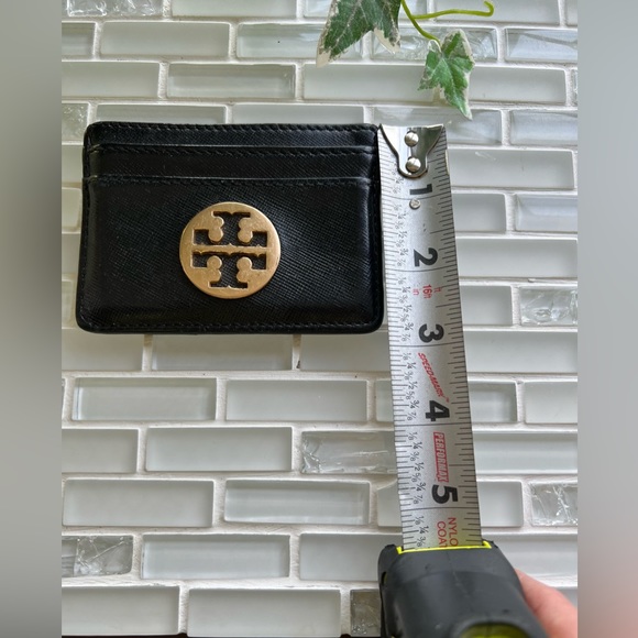 Tory Burch Logo Black Leather Card Holder Small Wallet 4”x 3” - Picture 5 of 8